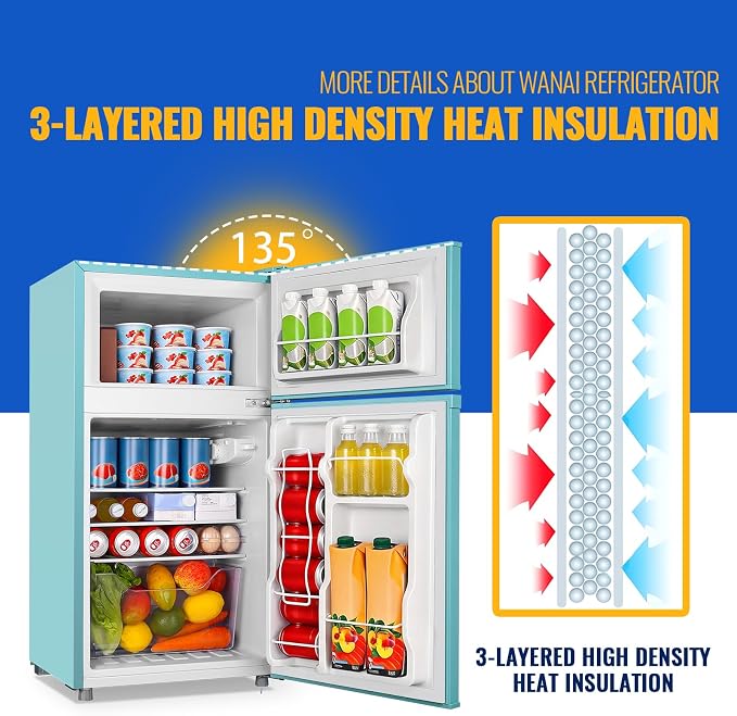3.5 Cu.Ft Blue Mini Fridge With Freezer Compact Refrigerator for Dorm | Freestanding Fridge with 7 Level Adjustable Thermostat, Removable Shelves, Fast Cooling, Low Consumption - Image 4
