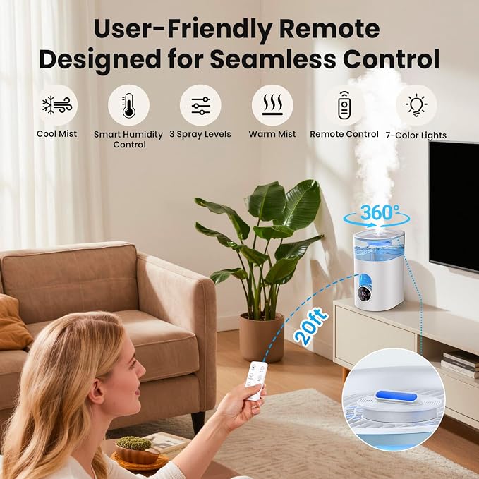 Humidifiers for Bedroom Large Room Home - GloryAir 6L Quiet Top Fill Cool & Warm Mist Humidifier with Smart Humidity Control, Remote Control, 7-Color Light, Humidistat, Oil Diffuser - Image 6