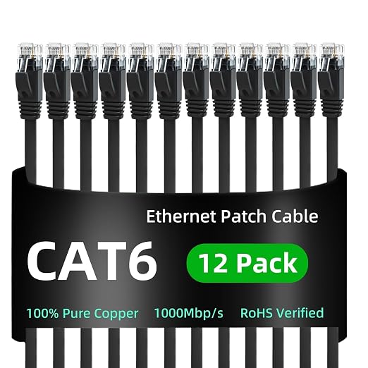 Yauhody CAT 6 Ethernet Cable 10ft 12-Pack Black, High Speed Solid Flat CAT6 by Yauhody