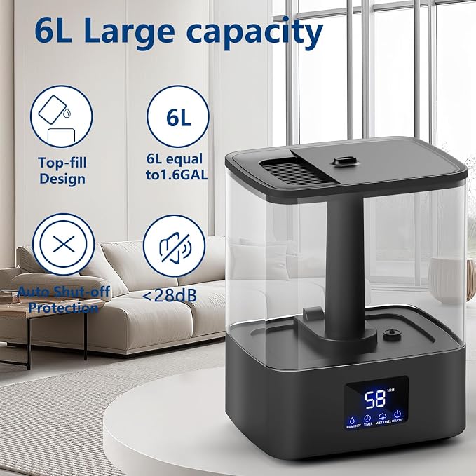 KZF 4L Top Fill Humidifiers for Bedroom & 60H Runtime - Cool Mist Humidifier, 3 Mist Levels, 8H Timer, Essential Oil Tray, Humidity Display, Quiet for Bedroom, Baby, Plants, Large Room (Black, 6L) - Image 4