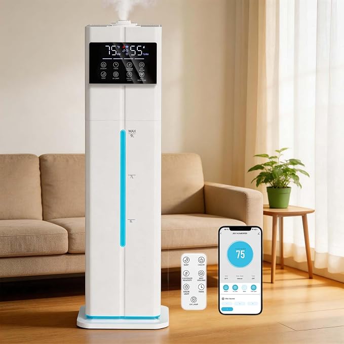 9L/2.4Gal Smart Cool Mist Humidifier, Top Fill Quiet Humidifier Large Room, Covers 550ft², App & Remote Control, 60H Runtime, 7 Colors Light, 4 Mist Modes Humidifiers for Bedroom, Office, White by Zeova