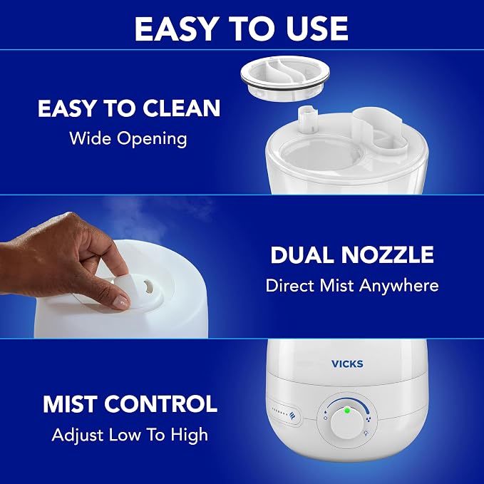 Vicks NaturalCare Cool Mist Ultrasonic Humidifier, Small Room Humidifier for Bedroom, Diffuser with Nighttime Light, Works with Vicks VapoPads, White - Image 8