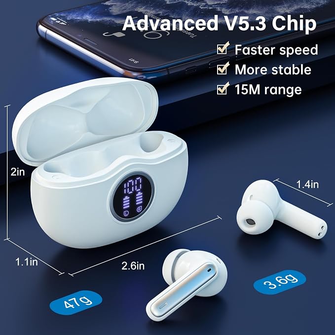 Wireless Earbuds, Bluetooth 5.3 Headphones HiFi Stereo 50H Playback LED Digital Display Ear Buds with ENC Noise Canceling Headset, IPX7 Waterproof Earphones for Gym/Running/Work（White） - Image 4