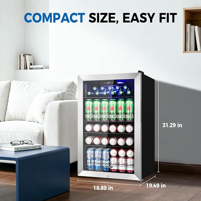 20 Inch Beverage Refrigerator Cooler, 145 Cans Mini Fridge with Glass Door&Lock, Small Drink Cooler Freestanding/Counter-Top for Soda, Beer with LED Light for Home Bar Office - 3.4 Cu.Ft, Silver - Image 7