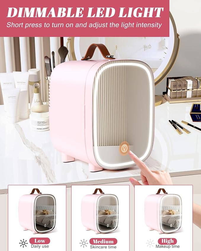 Mini Fridge for Bedroom, 4 Liter/6 Can Skincare Fridge With LED Mirror & Leather Carrying Handle,12v AC/DC Cooler & Warmer Portable Small Refrigerator for Drinks, Makeup, Dorm, Office and Car(Pink) - Image 3