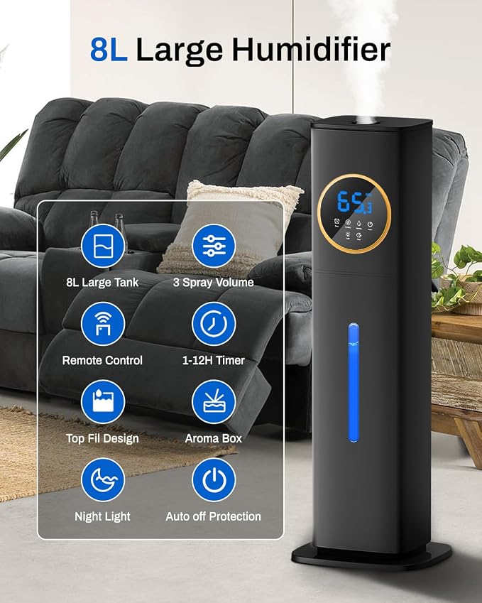 Humidifier Large Room Bedroom with Night Light, 2.1Gal(8L) Humidifiers for Home with Essential Oil Diffuser, Top Fill Whole House Cool Mist Humidifiers for Plants Baby Kids Adults(Black) - Image 3