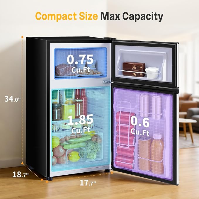 NEWBULIG Mini Fridge with Freezer, 3.2 Cu.Ft Fridge for Small Space, Silver | Double Door Compact Refrigerator, 7-Level Thermostat, 41 dB Quiet, 0.8 kWh Daily, Dorm, Office, Apartment - Image 2