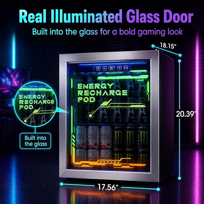 Tehanld Lighted Beverage Refrigerator, 68-Can Gaming Mini Fridge | RGB illuminated glass door, 1.8 cu.ft, 35-65°F digital control, quiet drink cooler for bedroom, game room, home bar - Image 2