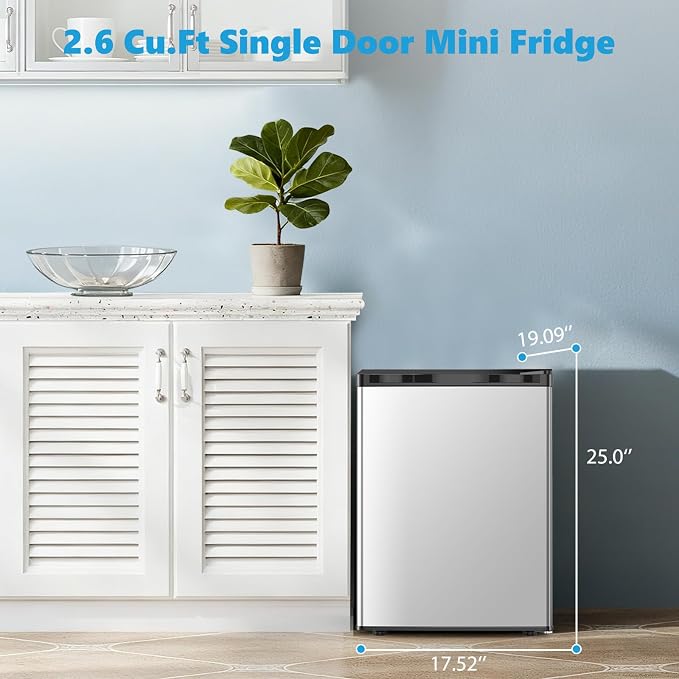 COWSAR 2.6 Cu.Ft Mini Fridge with Freezer for Bedroom Dorm, Silver | Single Reversible Door, 7 Temperature Settings, Energy Saving, 2 Removable Glass Shelves, Small Refrigerator for Apartment - Image 6