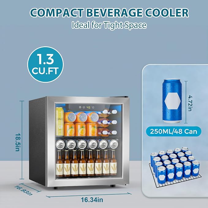 Electactic 48 Can Beverage Refrigerator,12 Bottle Wine Cooler with Seamless Stainless Steel & Glass Door, Digital Temperature Display, Countertop Mini Fridge for Soda, Wine or Beer, Silver - Image 3
