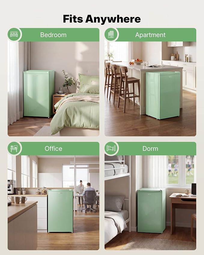 Upstreman 3.2 Cu.Ft Mini Fridge with Freezer, Green-BR321 | Adjustable Thermostat, Energy Saving, Low Noise, Reversible Door, Small Refrigerator for Dorm, Bedroom, Office - Image 8