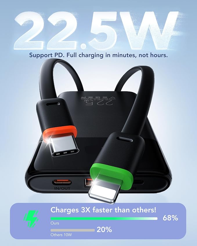 VEGER Portable Charger, Ultra Slim 22.5W Fast Charging with Built in Cable, Flight-Safe 10000mAh USB C Power Bank Battery Pack, Travel Essential Phone Powerbank for iPhone 17 16 Samsung S25 Google etc - Image 3