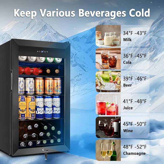 Beverage Refrigerator Cooler, 130 Cans 3.22 Cu.Ft Small Refrigerator with Low-E Glass Door, Lock, 17-Inch Beer Fridge for Drinks, Beer and Wine, Mini Fridge for Bedroom, Office and Bar, Black - Image 9