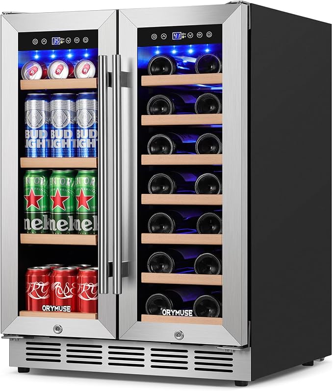 24 Inch Dual Zone Wine and Beverage Refrigerator, Built-in or Freestanding Cooler with French Doors, Under Counter Drink Fridge with Upgraded Compressor for Beer, Wine, and Soda by ORYMUSE