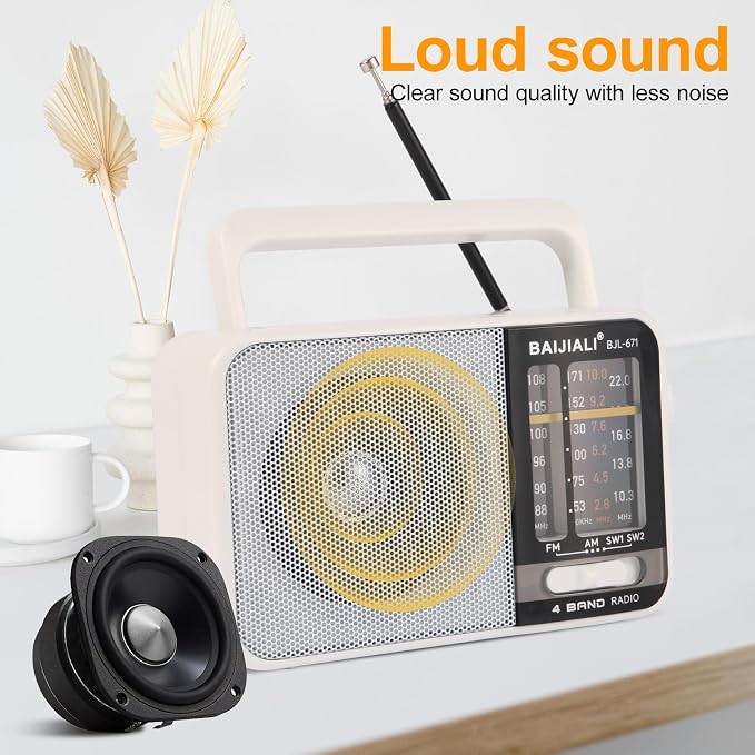 BAIJIALI AM FM SW Portable Radio - Dual Power (Battery/USB) Emergency Receiver with Loudspeaker, Transistor Design for Indoor/Outdoor, Travel & Survival Kit Ready (White, BJL-671) - Image 6