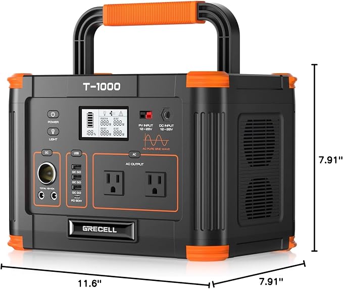 GRECELL 999Wh Solar Generator 1000W, Portable Power Station with 60W USB-C PD Output, 110V Pure Sine Wave AC Outlet Backup Lithium Battery for Outdoors Camping Travel Hunting Home (Peak 2000W) - Image 10