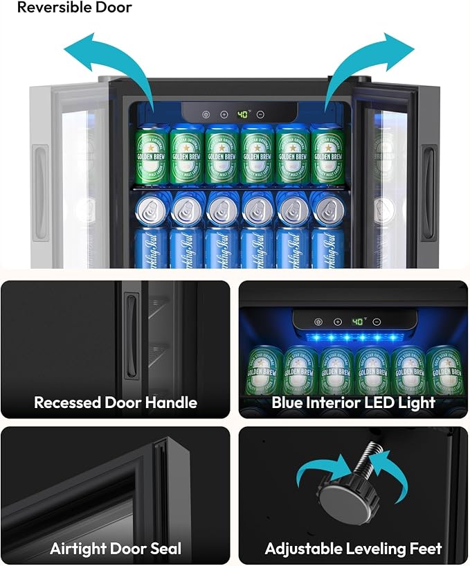EUHOMY Mini Fridge 130 Can Beverage Refrigerator Cooler Glass Door for Soda Wine Beer, Beverage Cooler for Home, Bar, Office with Digital Temperature Control Removable Shelves, Black - Image 8