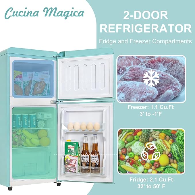 Mini Fridge with Freezer, 3.2 Cu.Ft Retro Double Door Refrigerator with 7 Level Thermostat, Adjustable Removable Glass Shelves for Bedroom Office Apartment Dorm Bar (RETRO BLUE, 3.2 Cu.Ft.) - Image 5
