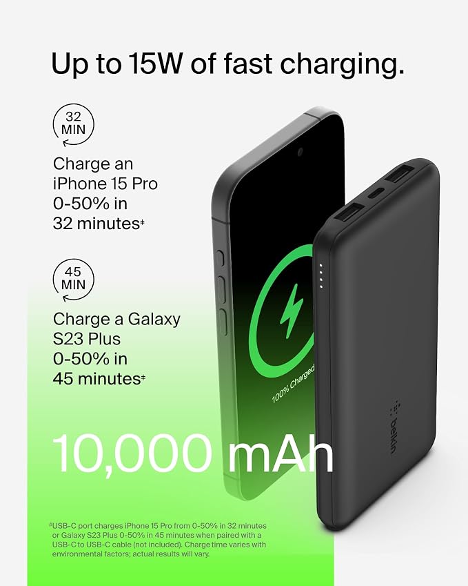 Belkin Portable Charger - 15W 3 Port Power Bank Battery Pack with 10000mAh Battery - Fast Charging for iPhone, Samsung Phone, More - USB C to A Cable Included - Image 7