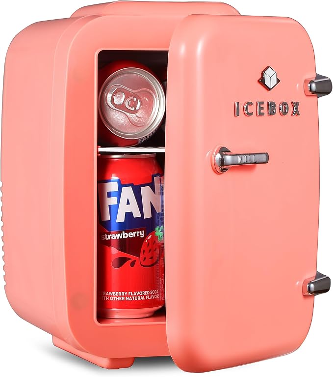 IceBox 4-Liter Mini Fridge Cooler/Warmer, IBMF4BLS, Blush Red | Portable Refrigerator Holds 6 Cans, Compact for Skincare, Beverages and Food, Includes 120V AC and 12V Car Adapters by ICEBOX