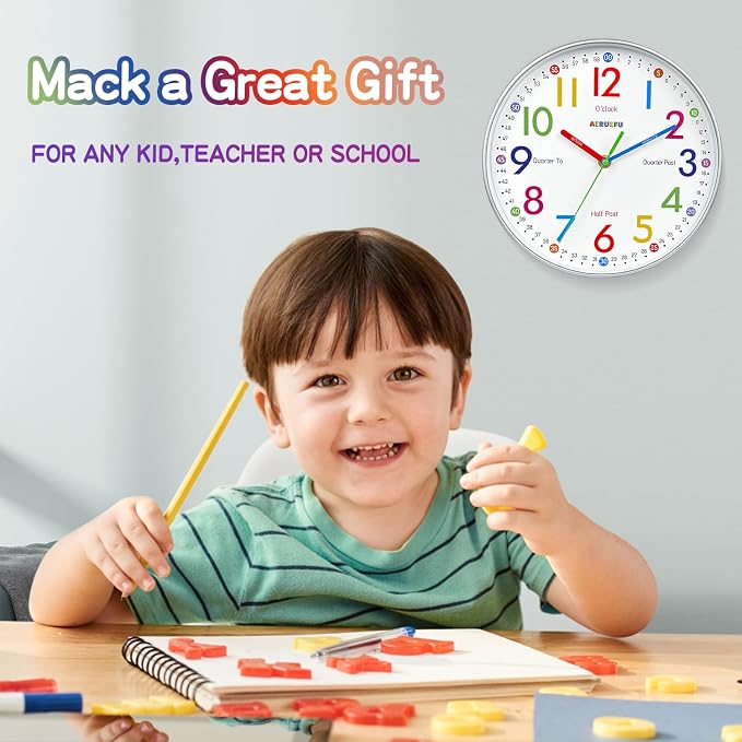 AIRUIFU Wall Clock for Kids Learning Tell Time Easily Non-Ticking Battery - Image 2