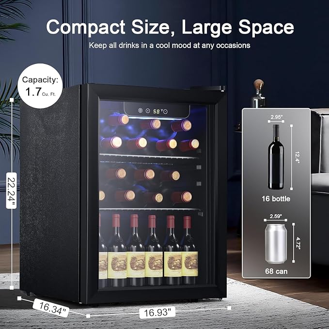 Antarctic Star Wine Cooler, Beverage Refrigerator,16 Bottle 68 Can Freestanding Wine Cellar Front Glass Door for Home and Bar, Digital Temp Control, Blue LED, 1.7 Cu.Ft. | 16 Bottle 68 Can capacity, Freestanding, Front Glass Door for Home and Bar, Digi... - Image 2