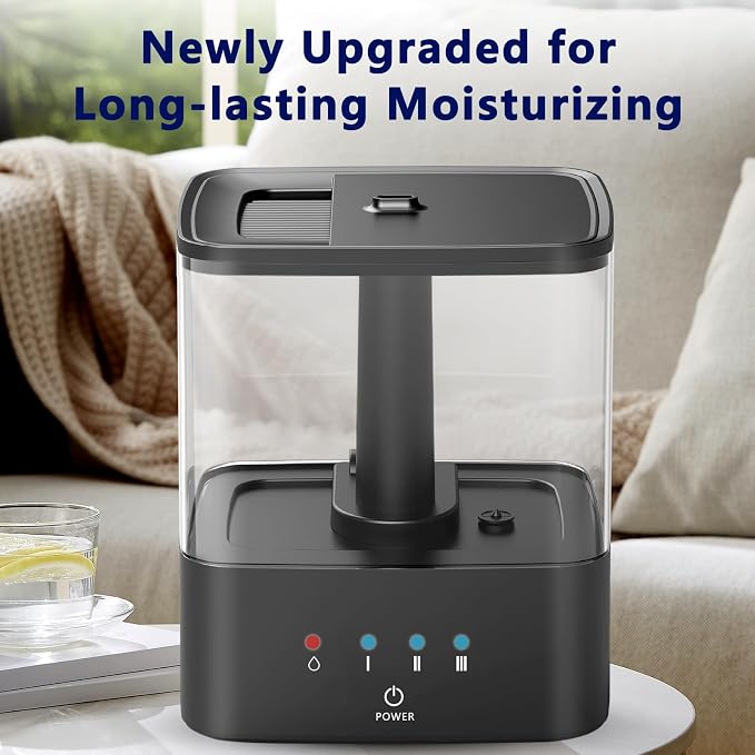 KZF 4L Top Fill Humidifiers for Bedroom & 60H Runtime - Cool Mist Humidifier, 3 Mist Levels, 8H Timer, Essential Oil Tray, Humidity Display, Quiet for Bedroom, Baby, Plants, Large Room (Black, 3.8L) - Image 5