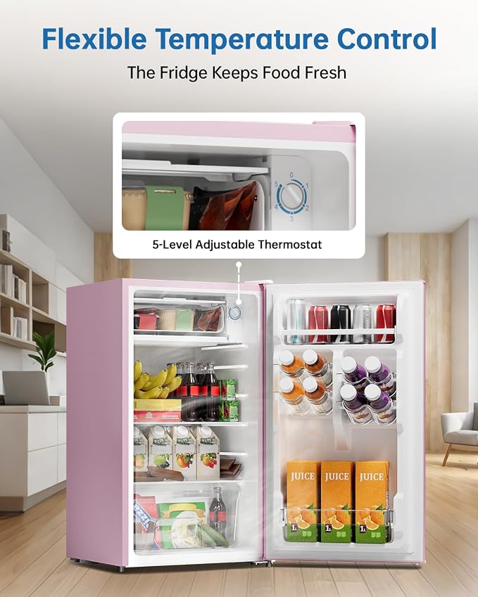 3.2 Cu Ft Mini Fridge with Freezer, Single Door Upright Freezer | Energy Efficient, Large Capacity, Reversible Door, ETL Certified, Small Refrigerator for Bedroom, Office & Dorm, Pink - Image 5
