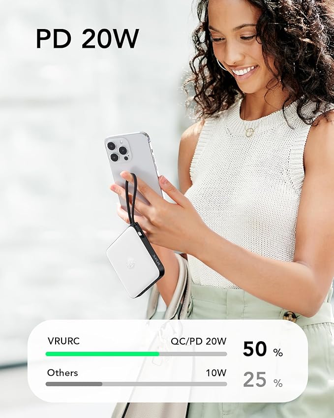 VRURC Battery Pack Charger Portable 10000mAh, 22.5W Power Bank Fast Charging with Built-in Cable, Cell Phone Power Bank for iPhone 17 16 15 & Early Series (White) - Image 5