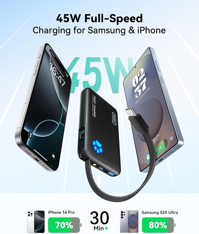 INIU Portable Charger with Flashlight, 45W Fast Charging Tablet Power Bank with USB C Cable, 10000mAh Powerbank, Battery Pack for iPhone 17 16, iPad, Samsung S25 etc Travel Essential, Emergency Light - Image 2