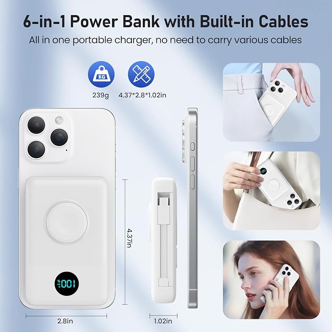 Magnetic Portable Charger for MagSafe with Built-in Cable, iWatch Charger, 10800mAh Wireless Power Bank Travel Essentials, 25W PD Fast Charging Battery Pack for iPhone 17/16/15/14/13,Apple Watch-White - Image 8