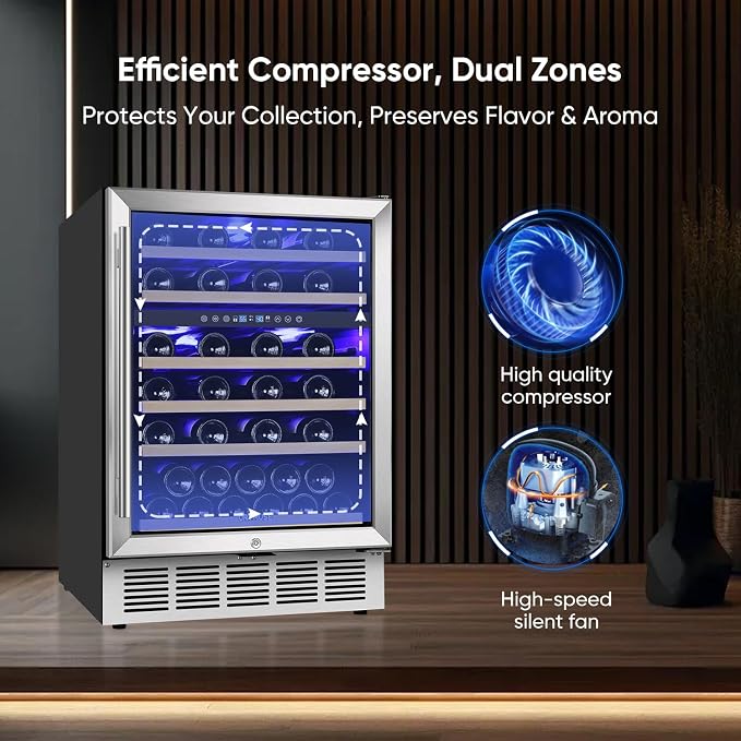 24 Inch Wine Cooler Refrigerator, 52 Bottle Dual Zone Wine Fridge with Stainless Steel Glass Door, Adjustable Shelves, Upgraded Compressor, Built-In Freestanding for Home, Bar, Kitchen - Image 5