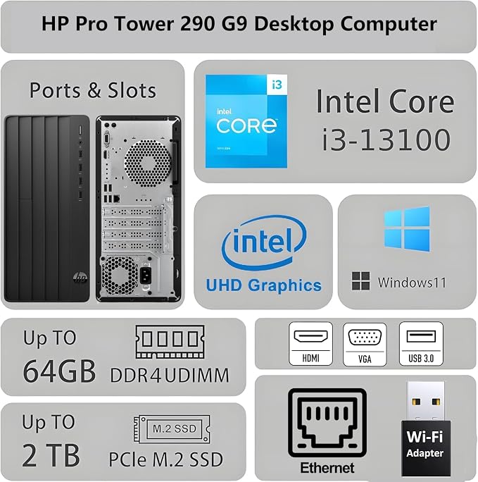HP 2026 Desktop Computers, Intel 13th CPU up to 4.5GHz, 32GB RAM, 1TB SSD | UHD Graphics 770, WiFi Adapter, HDMI, Keyboard & Mouse, Windows 11 Home, Tower PC for Home & Business - Image 2