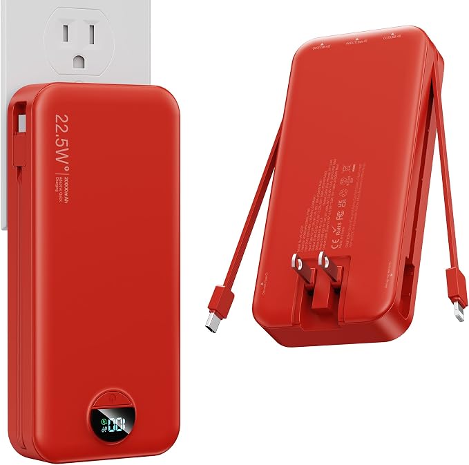 Portable Charger, 20000mAh 22.5W Fast Charging Power Bank with Built-in Cables & Wall Plug, USB C External Battery Pack with LED Display, Travel Essentials Phone Charger for iPhone iPad Samsung Red by NUSYDDY