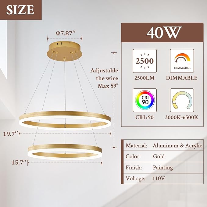 Modern LED Chandelier Gold 2-Rings Pendant Light Circular Flush Mount Ceiling - Image 3