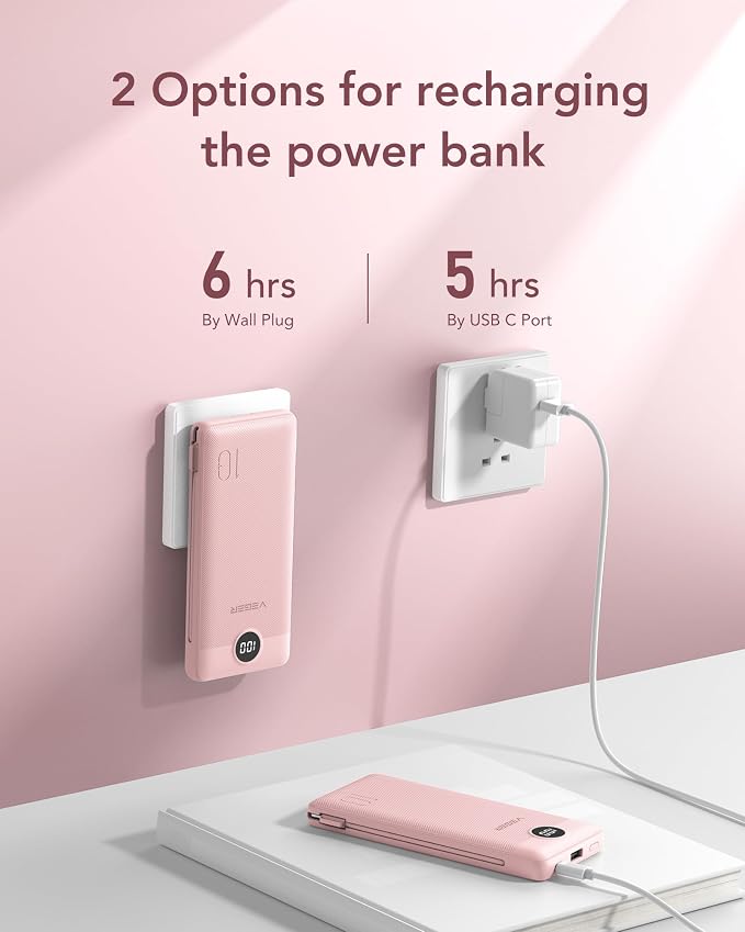 VEGER Portable Charger with Built-in AC Plug and Cables, All in One 10000mAh Ultra Slim Power Bank Travel Essentials, Fast Charging Battery Pack Compatible with iPhone, Samsung, Android (Crepe) - Image 5