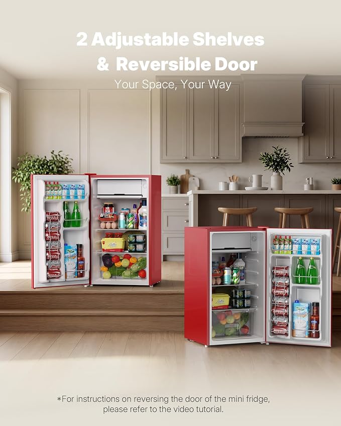 Upstreman 3.2 Cu.Ft Mini Fridge with Freezer, Red-BR321 | Adjustable Thermostat, Energy Saving, Low Noise, Reversible Door, Small Refrigerator for Dorm, Bedroom, Office - Image 5