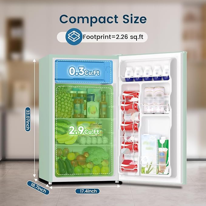 Mini Fridge with Freezer 3.2 Cu.Ft for Bedroom and Office Green | Single Door, Small Refrigerator, Energy-efficient, Low Noise, Mini fridge for Dorm - Image 2