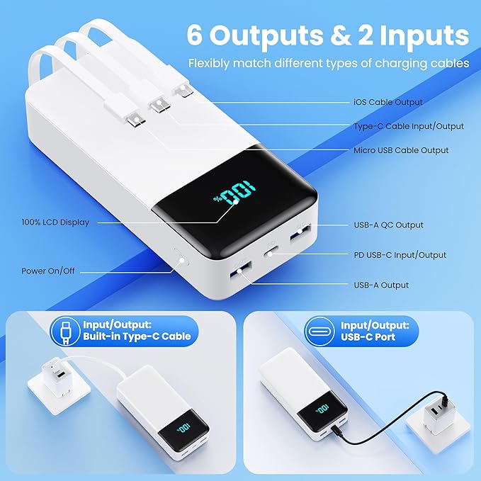Portable Charger 50800mAh Power Bank with 3 Built in Cables,25W PD QC4.0 Fast Charging USB C Battery Pack,6 Outputs 2 Inputs Travel Essentials Phone Charger for iPhone 17/16/15,Google,Android,White - Image 5