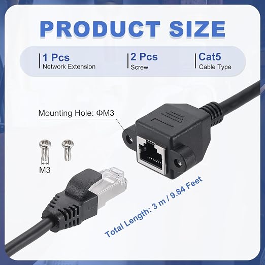 MECCANIXITY Cat5 Ethernet Extension Cable, 9.8Ft RJ45 Male to Female Screw - Image 2