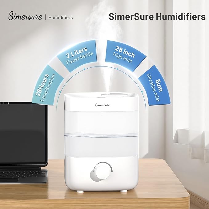 Top Fill Humidifier, 2L Water Tank for Bedroom, 28H Long Lasting New White Air Humidifier for Large Room, Ultra Quiet 25dB Cool Mist for Baby, Plants, Office, Easy to Clean & Fill - Image 2