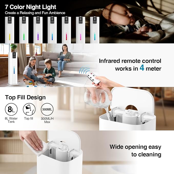 Smart Humidifiers Large Room Bedroom Home,2.11Gal(8L) Quiet Top Fill Cool Mist Humidifier,Smart App & Remote Control, 3 Speed Humidifier with 360°Nozzle,Humidity Setting for Baby Office Plant(White) - Image 9
