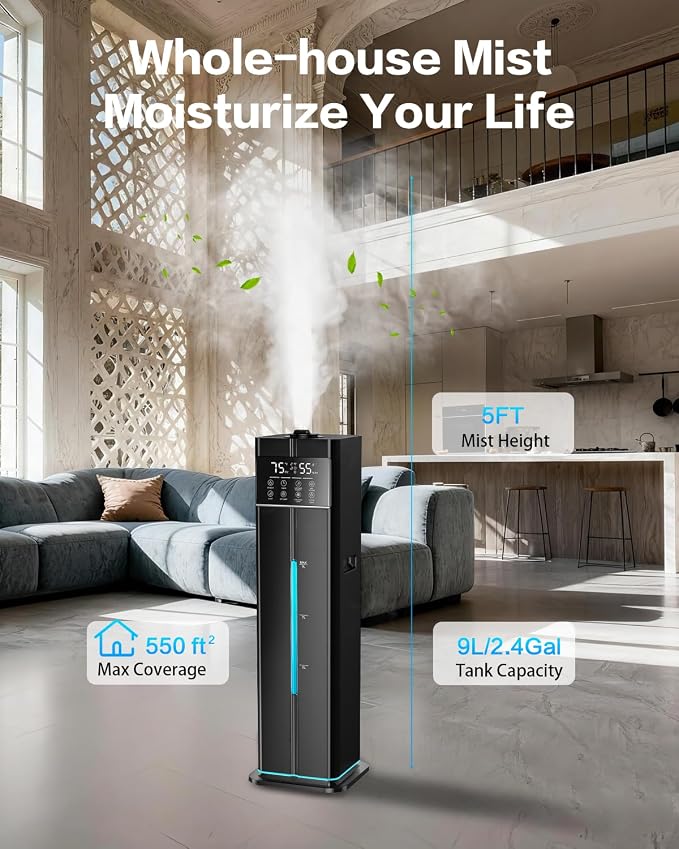 Cool Mist Humidifiers for Large Room, Ultrasonic 2.4Gal 9L Quiet Top-Fill, Easy Clean with Essential Oil Tray, 360°Nozzle, 4 Speed, Remote, 60H Runtime, for Baby, Adults, Plants, Home, House, Bedroom - Image 2