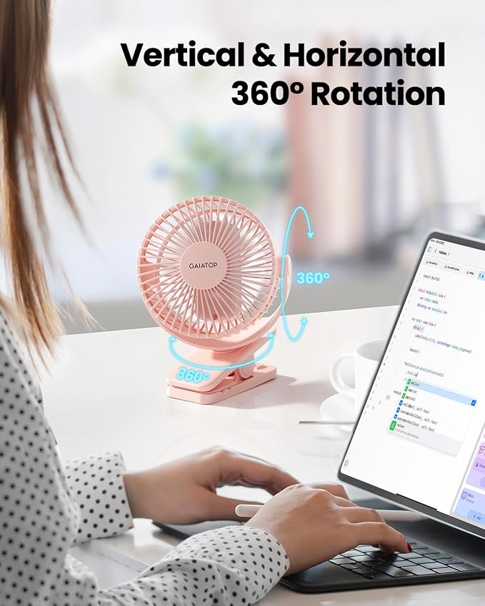 Gaiatop Portable Clip on Fan Battery Operated, Small Powerful 3 Speed Quiet 360° Rotate, USB Rechargeable Mini Personal Cooling Fan for Desk Table Home Office Stroller Camping Women Gifts Pink - Image 2