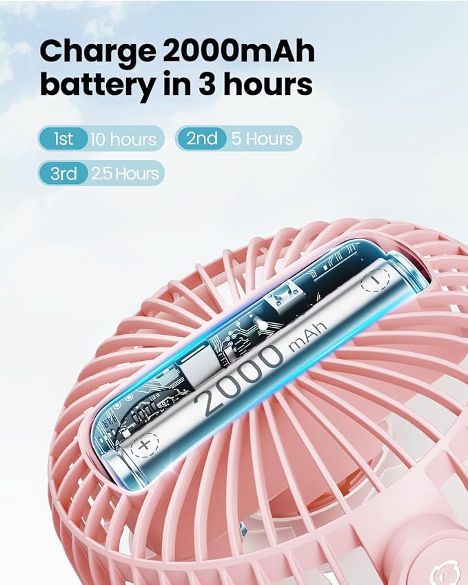 Gaiatop Portable Clip on Fan Battery Operated, Small Powerful 3 Speed Quiet 360° Rotate, USB Rechargeable Mini Personal Cooling Fan for Desk Table Home Office Stroller Camping Women Gifts Pink - Image 4