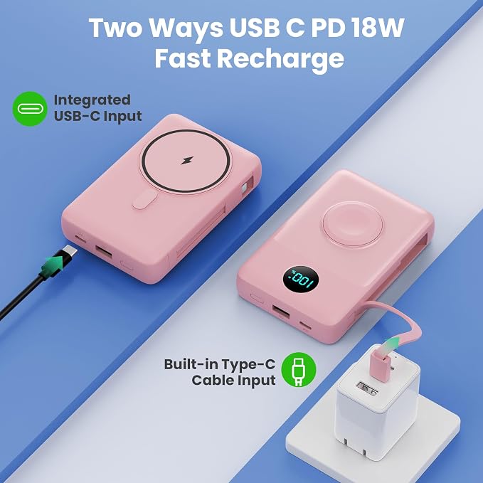 Magnetic Portable Charger for MagSafe with Built-in Cable,iWatch Charger,10800mAh Wireless Power Bank Travel Essentials,25W PD Fast Charging Battery Pack for iPhone 17/16/15/14/13/12,Apple Watch-Pink - Image 7