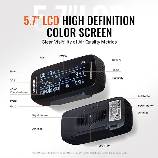 VEVOR Air Quality Monitor 9-in-1, Temperature, Formaldehyde TVOC AQI Tester - Image 5