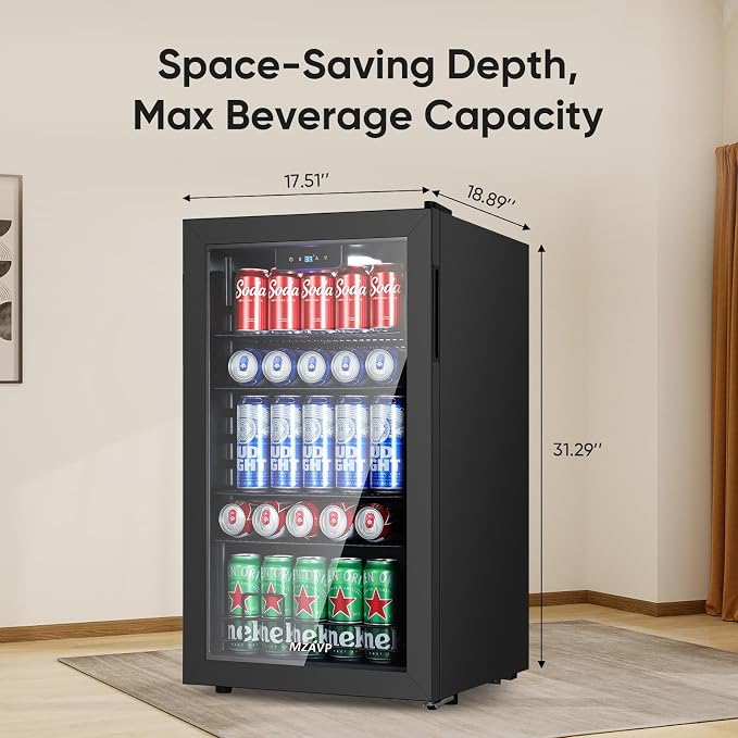 120 Can Beverage Refrigerator, Freestanding Beverage Cooler with Digital Temperature Display, Mini Drink Beer Soda Fridge for Office or Bar, White Indicator Light & Reversible Door - Black - Image 7