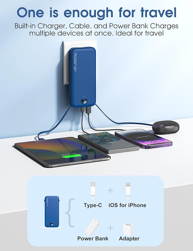 citicr Portable Charger Power Bank, 10000mAh PD20W USB C Fast Charging with Built-in Cables & Wall Plug, 5-in-1 External Battery Pack with LED Display, Perfect Backup for iPhone, iPad, Samsung Navy - Image 4