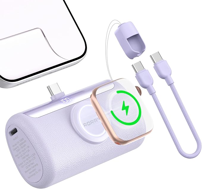 RORRY PalmGo Portable Charger, 10000mAh PD 22.5W Fast Charging Mini Power Bank with Built-in USB C Connector, 3-in-1 Battery Pack for iPhone 17/16/15 Pro/Max, Apple Watch Ultra/11/10/SE, iPad, Purple by RORRY